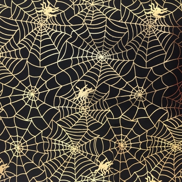 Halloween Fabric Gold Spiders Web